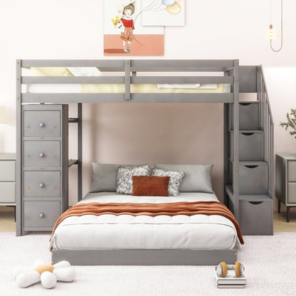 Twin Over Full Bunk Bed with 3-layer Shelves, Drawers and Storage