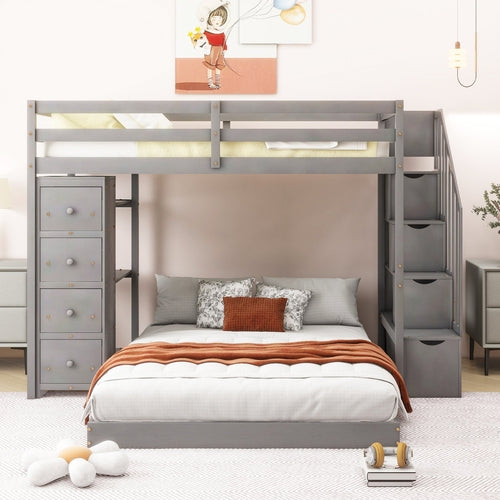 Twin Over Full Bunk Bed with 3-layer Shelves, Drawers and Storage
