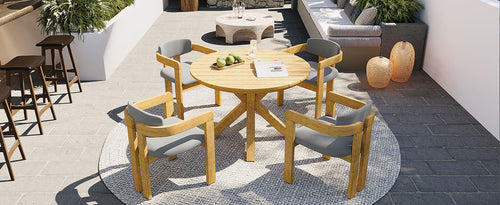 5-Piece Outdoor Acacia Wood Round Dining Set, Solid Wood Patio Table