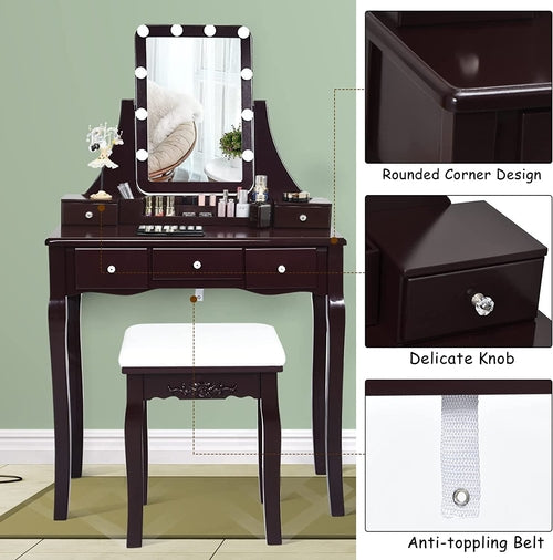 Brown Vanity Table Set With 10 LED Lights For Bedroom