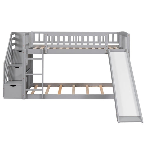 Stairway Twin over Twin Bunk Bed with Two Drawers and Slide, Gray