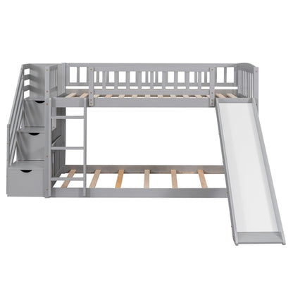 Stairway Twin over Twin Bunk Bed with Two Drawers and Slide, Gray