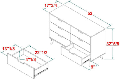 Modern Six Drawer Dresser Black 52 Inch Bedroom Storage