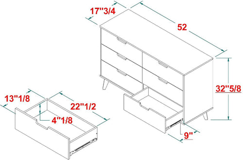 Modern Six Drawer Dresser Black 52 Inch Bedroom Storage