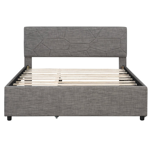 Queen Size Upholstered Platform Bed with Brick Pattern Headboard and