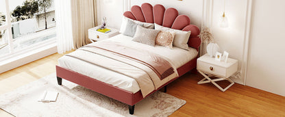 Upholstered Platform Bed with Flower Pattern Velvet Headboard