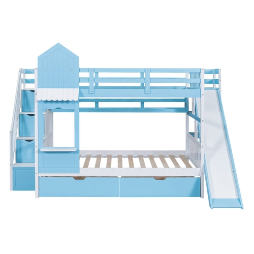 Full-Over-Full Castle Style Bunk Bed with 2 Drawers, 3 Shelves and