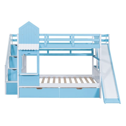 Full-Over-Full Castle Style Bunk Bed with 2 Drawers, 3 Shelves and