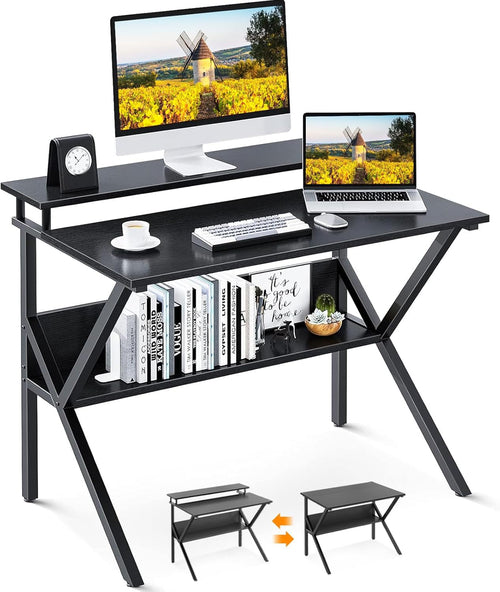 Compact Computer Desk With Monitor Stand 27.5 Inch Black