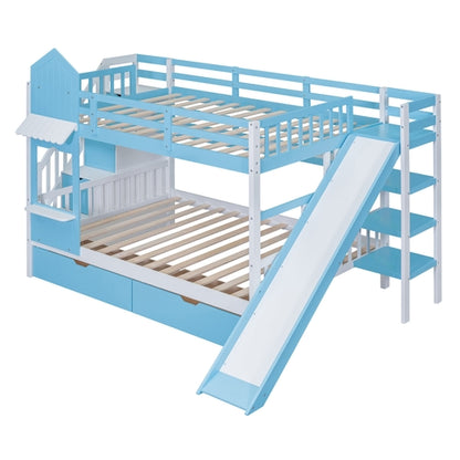 Full-Over-Full Castle Style Bunk Bed with 2 Drawers, 3 Shelves and