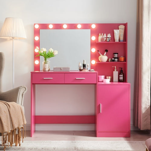 Rose Pink Vanity Desk with Mirror and Lights, Eco-Friendly Particle