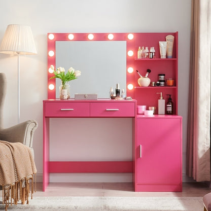 Rose Pink Vanity Desk with Mirror and Lights, Eco-Friendly Particle