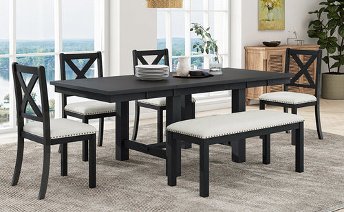 Farmhouse 82inch 6-Piece Extendable Dining Table with Footrest, 4