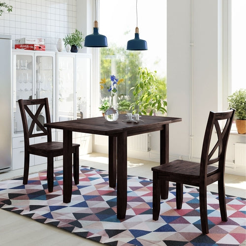 3-Piece Wood Drop Leaf Breakfast Nook Dining Table Set with 2 X-back