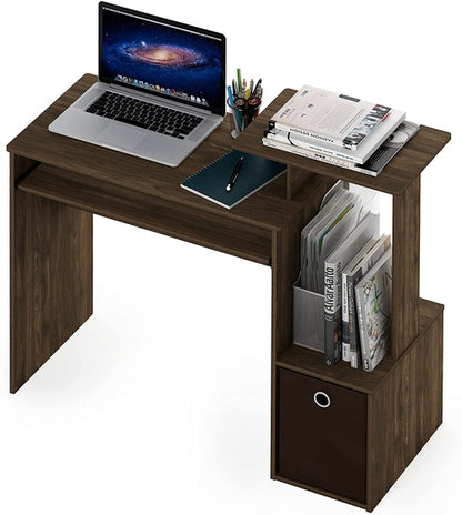 Walnut Compact Desk With Keyboard Tray And Shelves