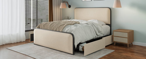 Modern Metal Bed Frame with Upholstered Curved Headboard and