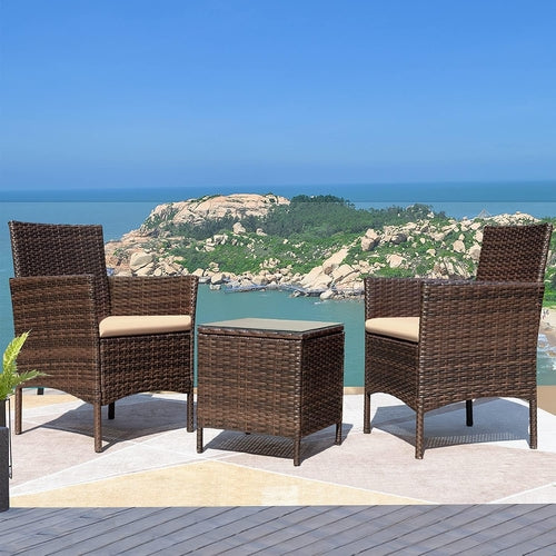 3 Piece Outdoor Rattan Furniture Set With Cushions And Glass Coffee