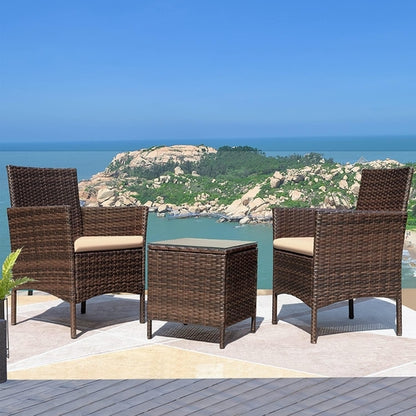 3 Piece Outdoor Rattan Furniture Set With Cushions And Glass Coffee