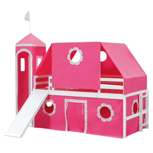 Twin Size Loft Bed with Slide Pink Tent and Tower - Pink