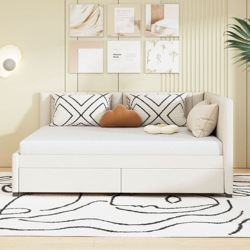 Full Size Upholstered Daybed with 2 Storage Drawers Sofa Bed Frame No