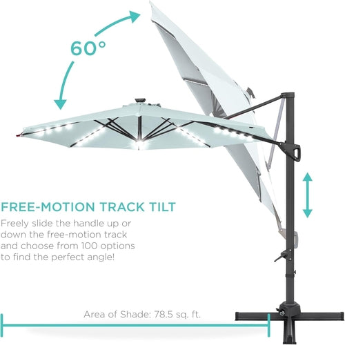 10 Foot Solar LED Cantilever Patio Umbrella With 360 Degree Rotation