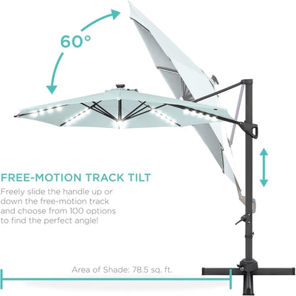 10 Foot Solar LED Cantilever Patio Umbrella With 360 Degree Rotation
