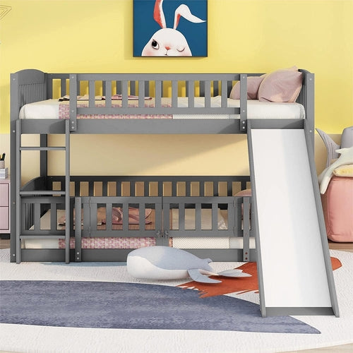 Gray Bunk Bed With Slide And Ladder For Kids Bedroom