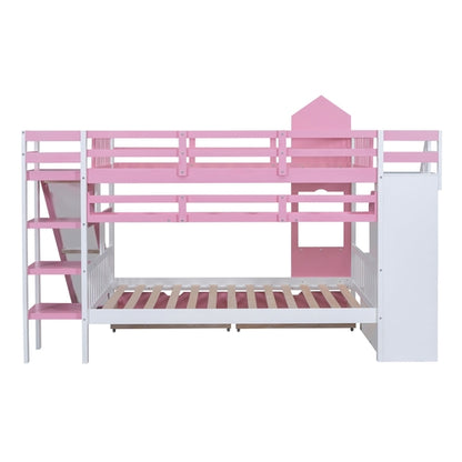 Full-Over-Full Castle Style Bunk Bed with 2 Drawers, 3 Shelves and