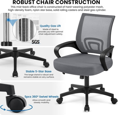 Dark Grey Ergonomic Mesh Office Chair With Lumbar Support Mid Back