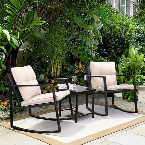 Beige 3 Piece Rocking Wicker Bistro Set With Glass Coffee Table For