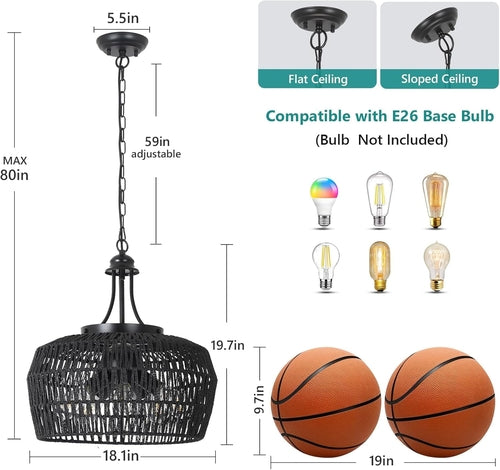 5-Light Black Rattan Chandelier Farmhouse Dining Room