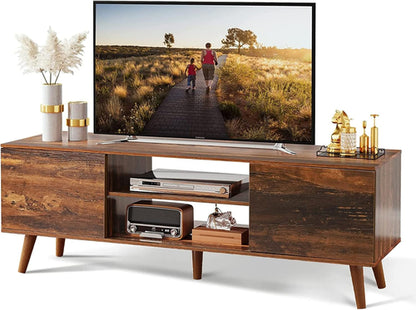 Mid Century TV Stand 55 to 60 Inch Retro Brown Finish