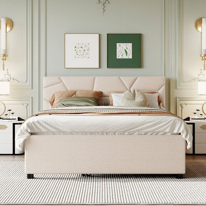 Queen Size Upholstered Platform Bed with Brick Pattern Headboard and