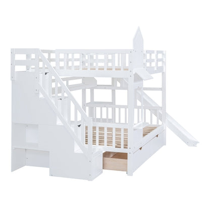 Full-Over-Full Castle Style Bunk Bed with 2 Drawers, 3 Shelves and
