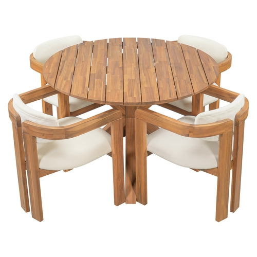 5-Piece Outdoor Acacia Wood Round Dining Set, Solid Wood Patio Table