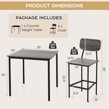 5 Piece Counter Height Dining Table Set Black Oak Stools