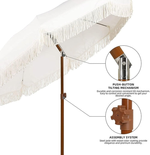 7Ft Fringe Tassel Patio Umbrella White Cream UPF50 Tilt Push Button