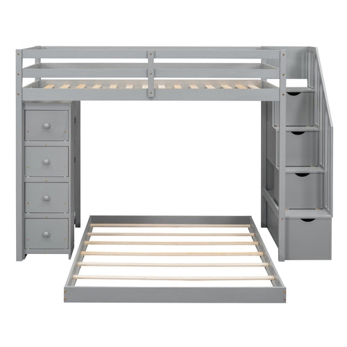 Twin Over Full Bunk Bed with 3-layer Shelves, Drawers and Storage