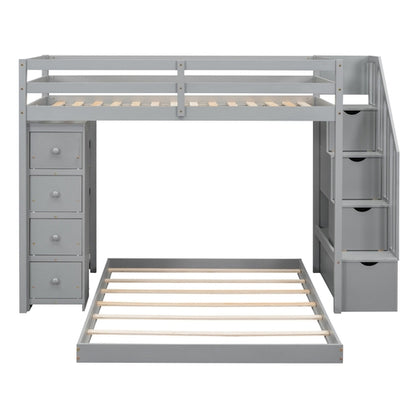 Twin Over Full Bunk Bed with 3-layer Shelves, Drawers and Storage