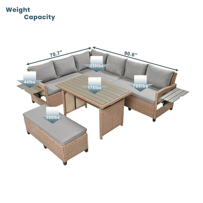 5-Piece Outdoor Patio Rattan Sofa Set, Sectional PE Wicker L-Shaped