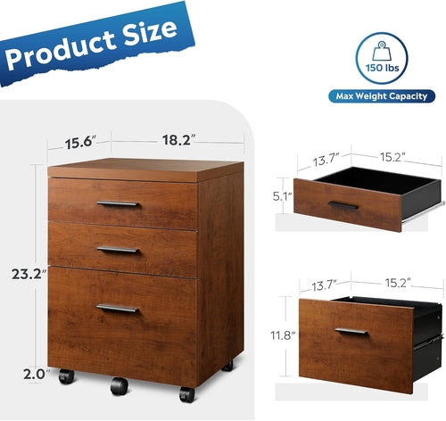 Walnut 3 Drawer File Cabinet For Home Office Under Desk With Rolling