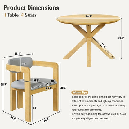 5-Piece Outdoor Acacia Wood Round Dining Set, Solid Wood Patio Table