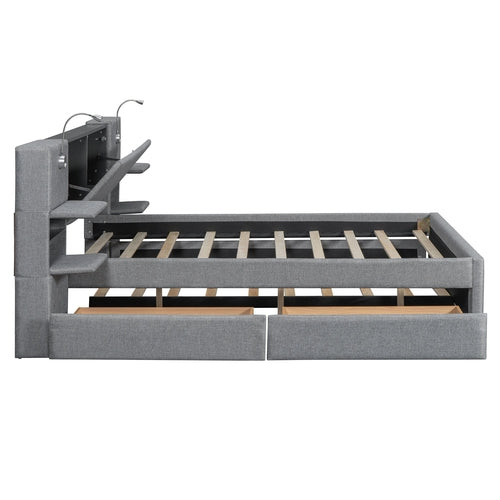 Queen Size Upholstered Platform Bed with Reading Lights, Drawers,