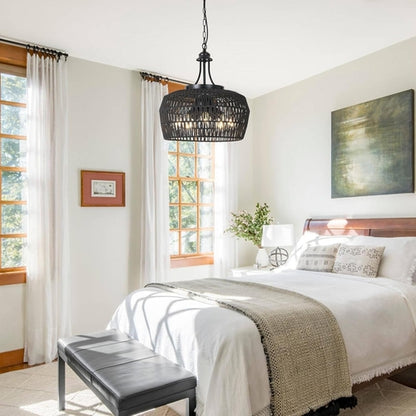 5-Light Black Rattan Chandelier Farmhouse Dining Room