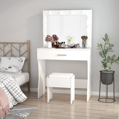 White Vanity Table With Lighted Mirror And Large Drawer