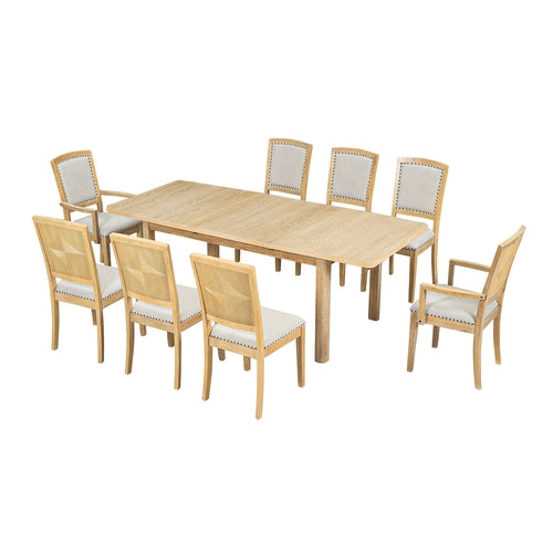 Rustic Extendable Dining Table Set with Removable Leaf, 6 Upholstered