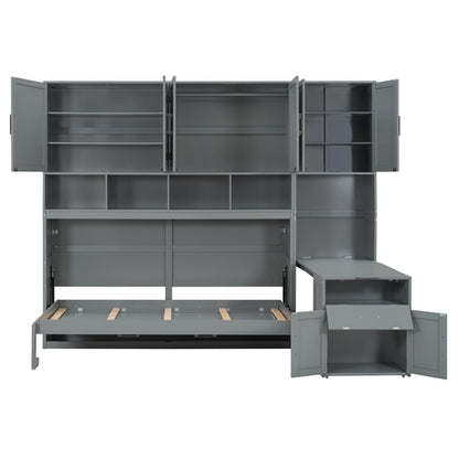 Twin Size Murphy Bed Wall Bed with Closet , Drawers & Desk-Gray