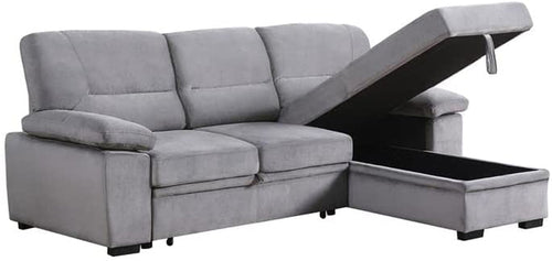 Gray Velvet Reversible Sleeper Sectional Sofa With Storage