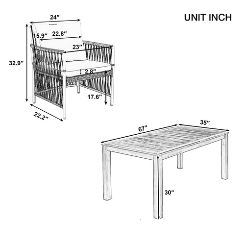 Patio 5pcs Wooden Dining Table Set, Outdoor 67''L Rectangular Table