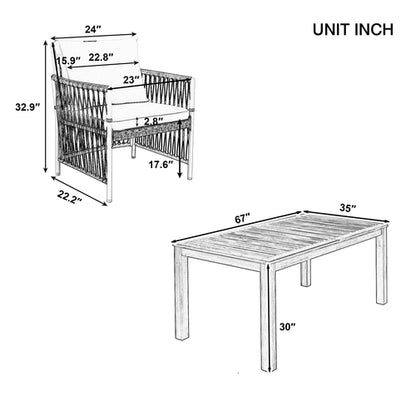 Patio 5pcs Wooden Dining Table Set, Outdoor 67''L Rectangular Table